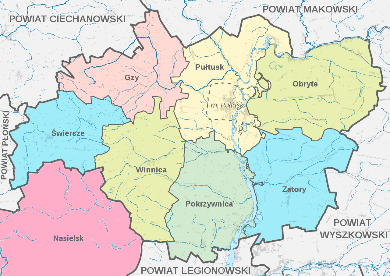 Mapa rewiru kancelarii: gminy Pułtusk, Nasielsk, Gzy, Obryte, Pokrzywnica, Świercze, Winnica, Zatory